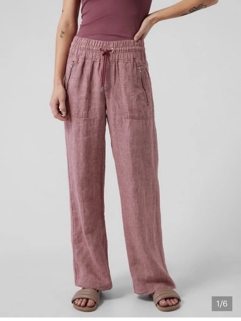 Athleta Cabo Linen Wide Leg Pant Womens 16 Heather Burgundy Zip Pockets